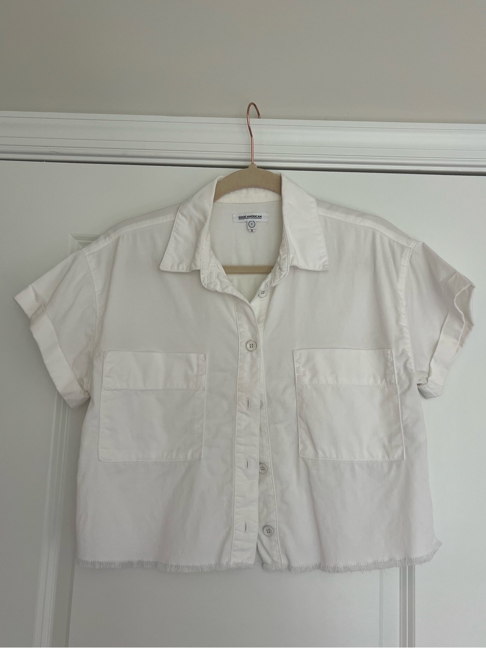 Good American Boxy White Denim Button-Up Crop Shirt